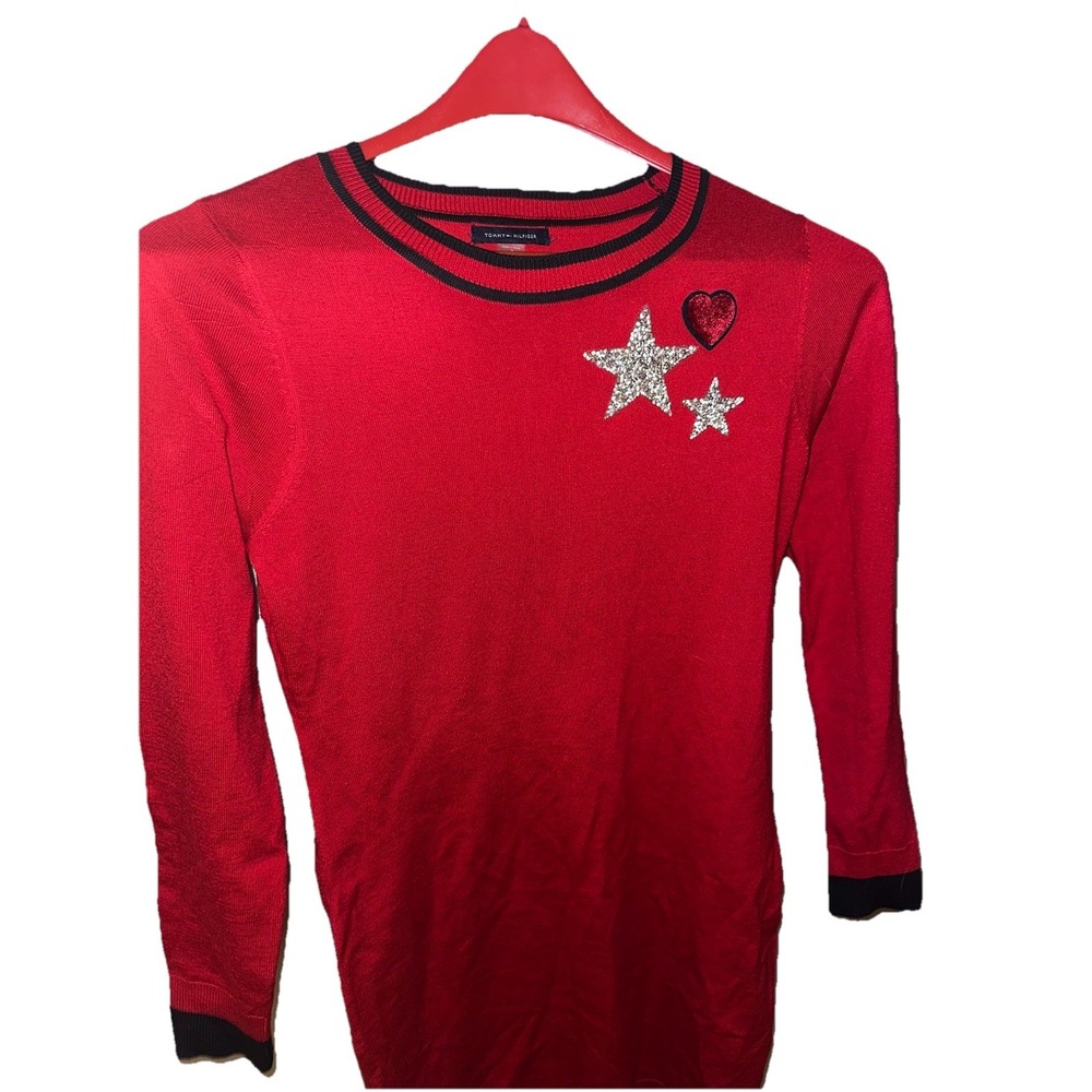 EUC Red knit Star Sparkle sequin TOMMY HILFIGER sweater dress - size Small Y2K - Picture 2 of 5